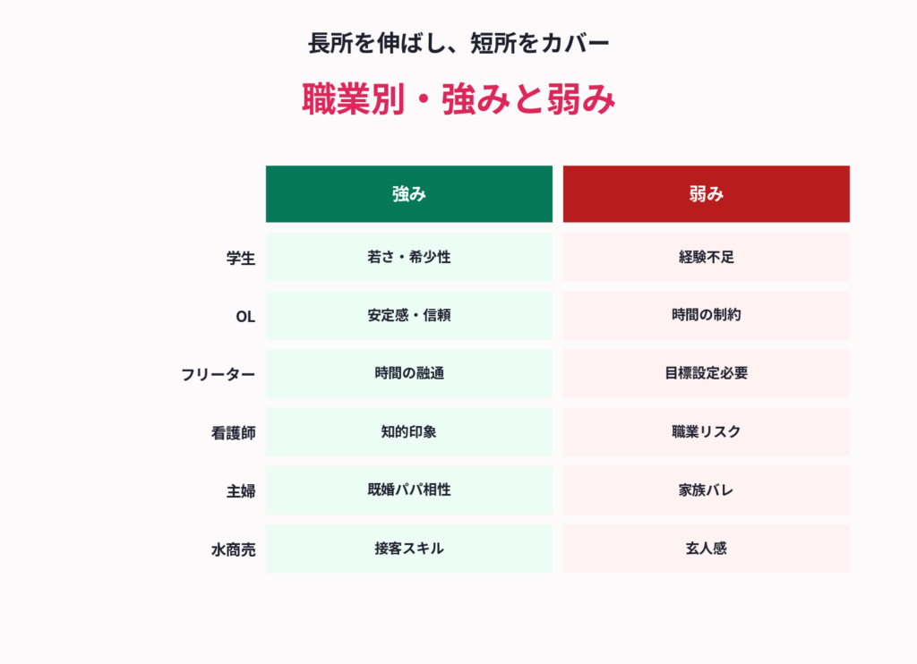 パパ活職業別・強みと弱みの対比